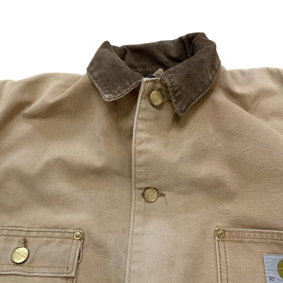 Vintage Carhartt Beige Chore Coat Corduroy Collar & Brass Buttons Sz 40 Oil Rig - Picture 7 of 11